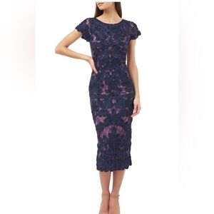 JS Collections Two Tone Sautache Navy and Purple Embroidered Lace Midi Dress